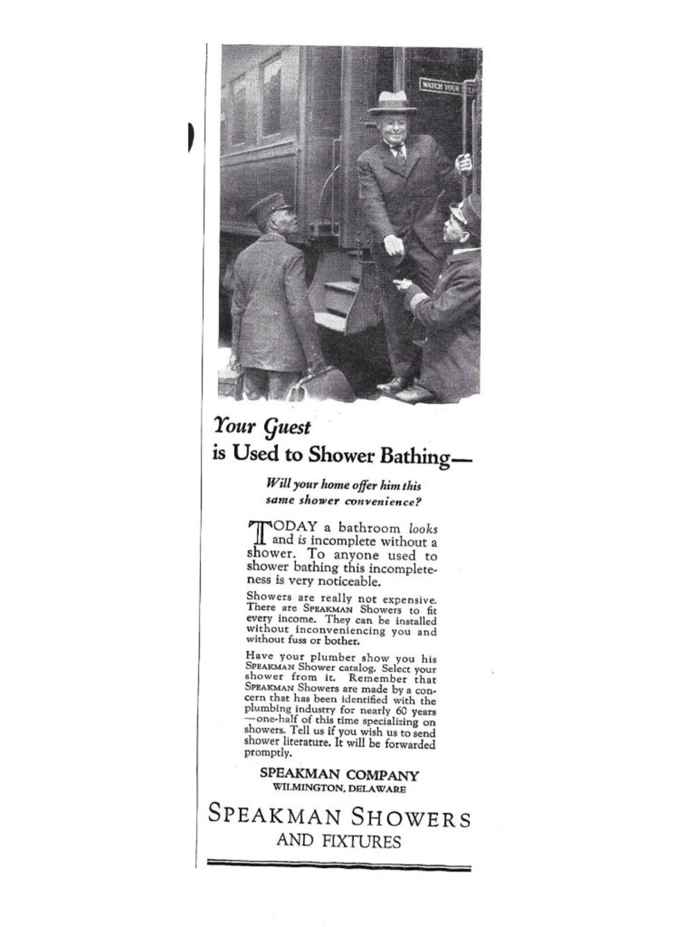 Print Ad Your Guest Is Used To Shower Speakman Fixtures 1930s Train Vintage